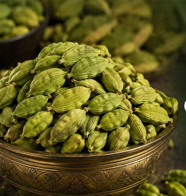 Premium green cardamom in a brass bowl